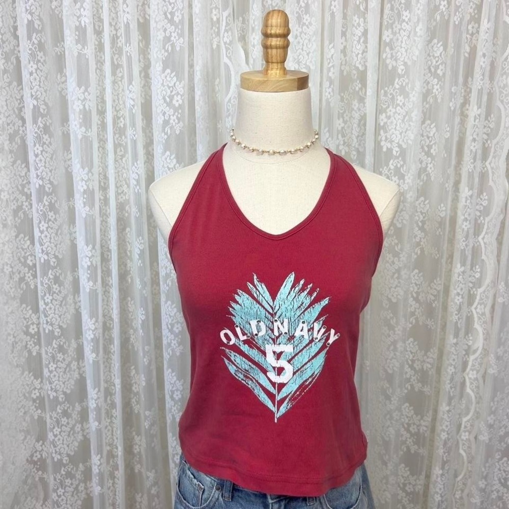 Vintage Y2K Old Navy Red Halter Tank Top Women's M Cotton Graphic Rhinestones